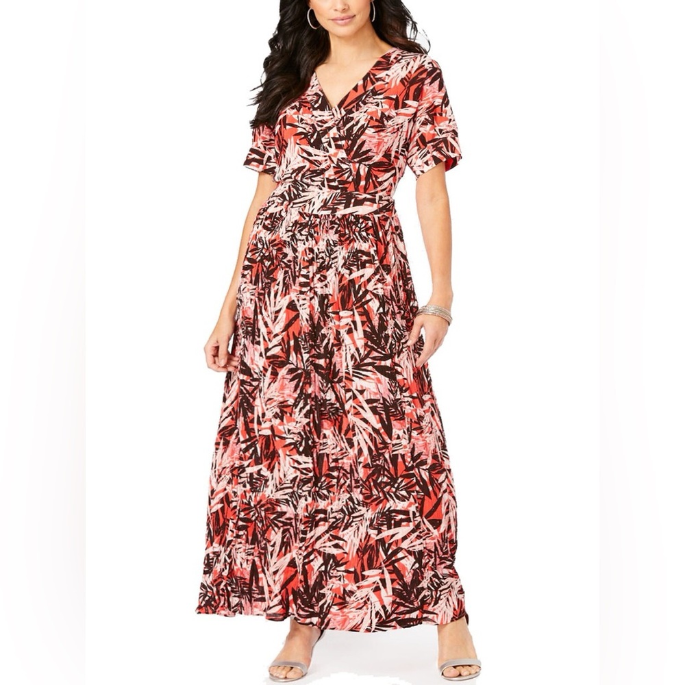 Roamans Dress Womens 42/44 6X Maxi Coral Tropical‎ Wrap New NWT